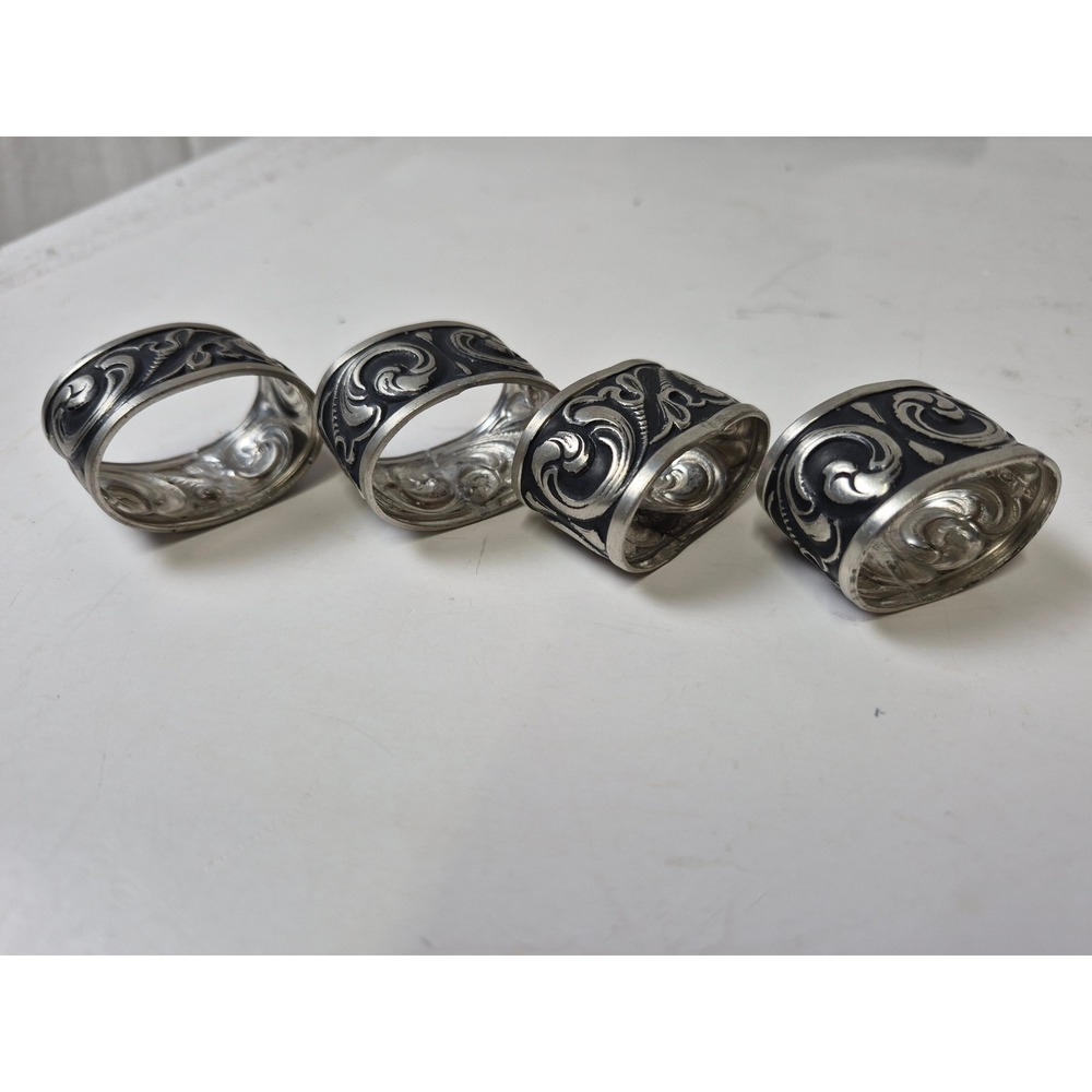 Vintage Scroll Embossed Napkin Rings Set of 4 Black Silver Tone Oval Floral